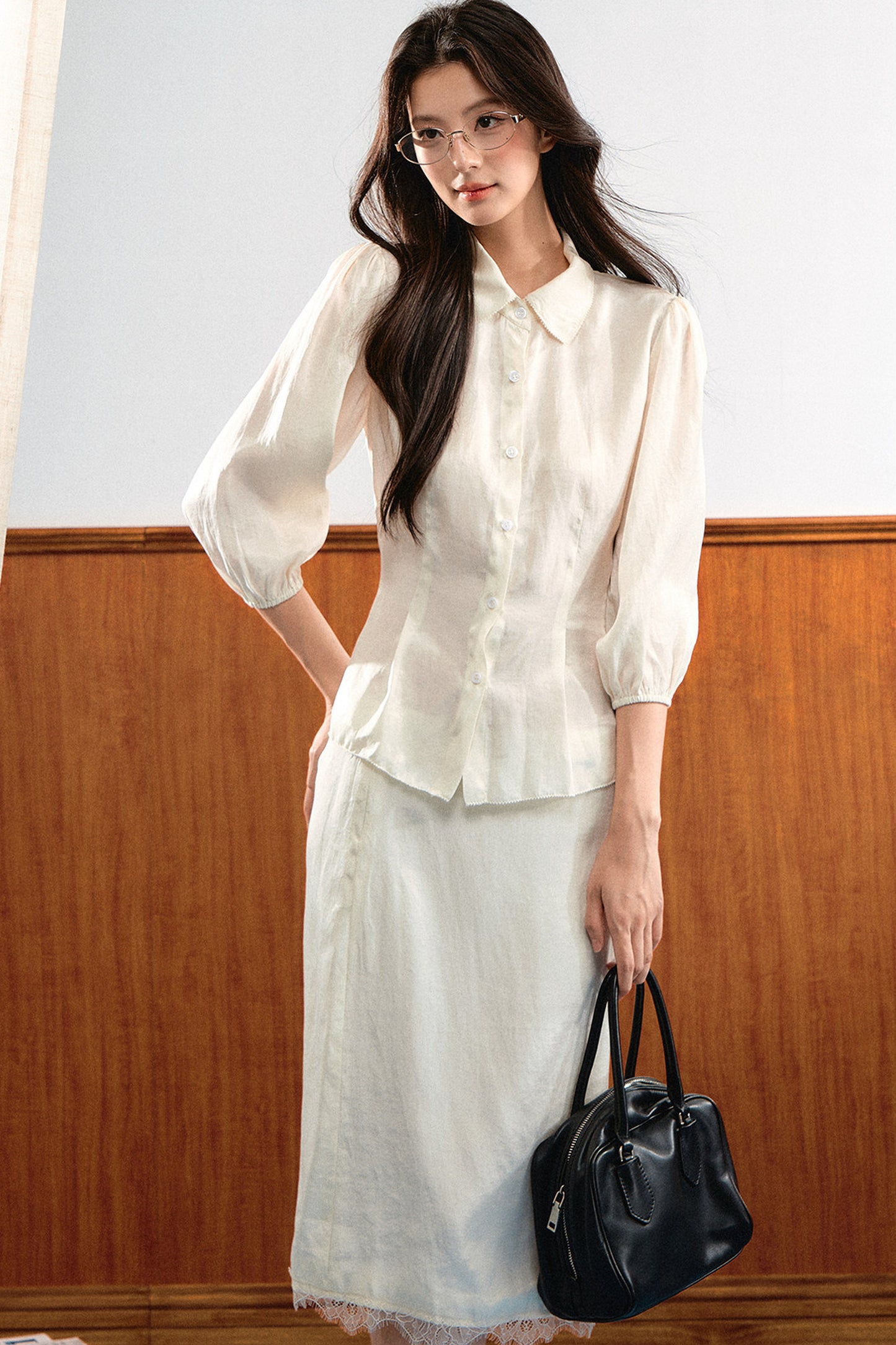Lace Trim Puff Sleeve Top and Skirt Set-Up