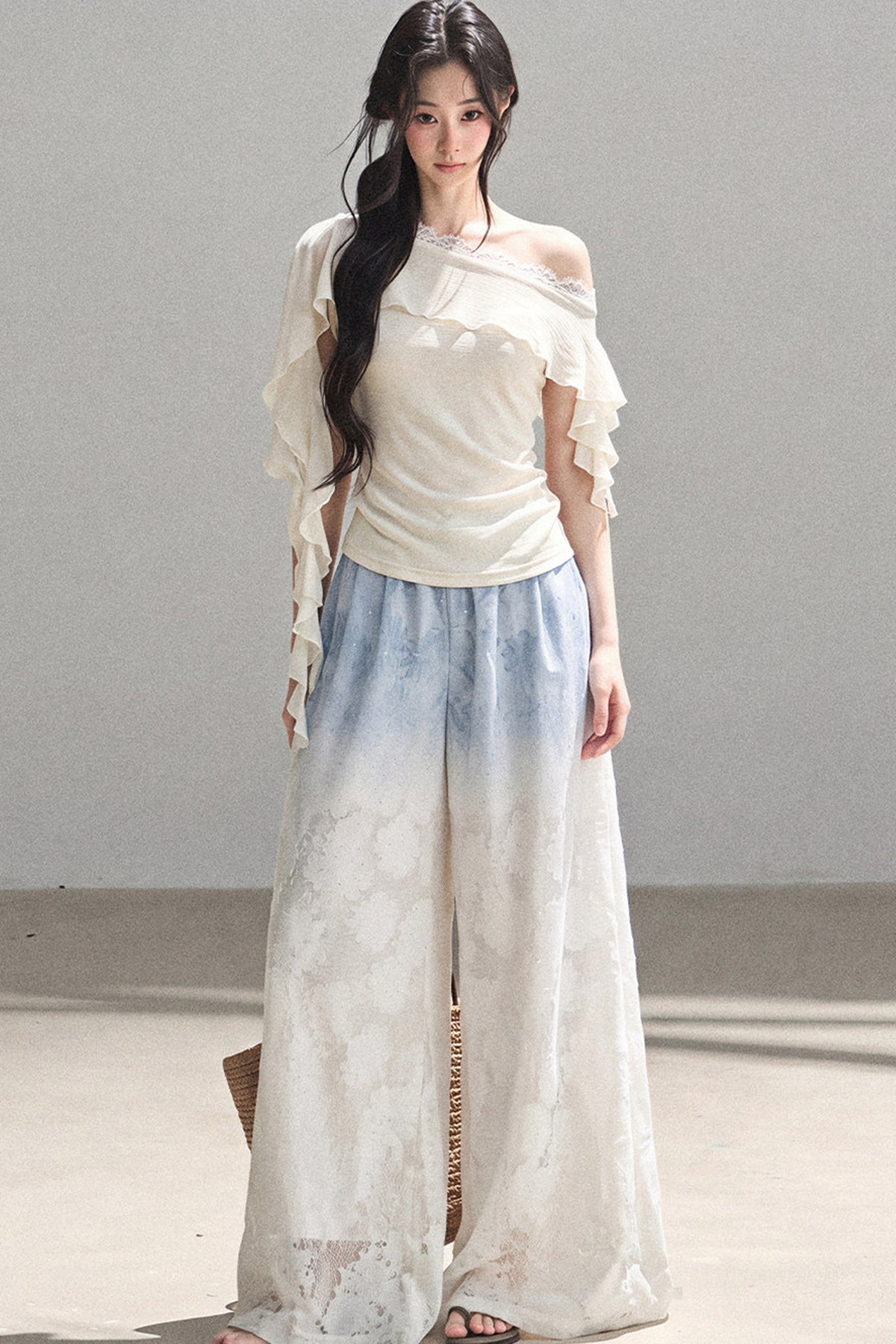 Blue Gradient Wide-Leg Straight Pants