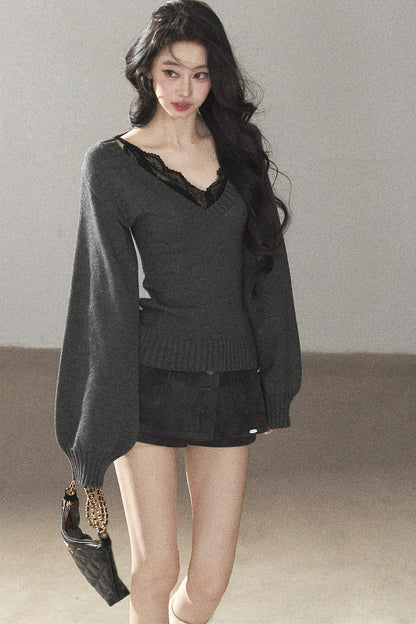Top a maglia con scollo a V e maniche lunghe