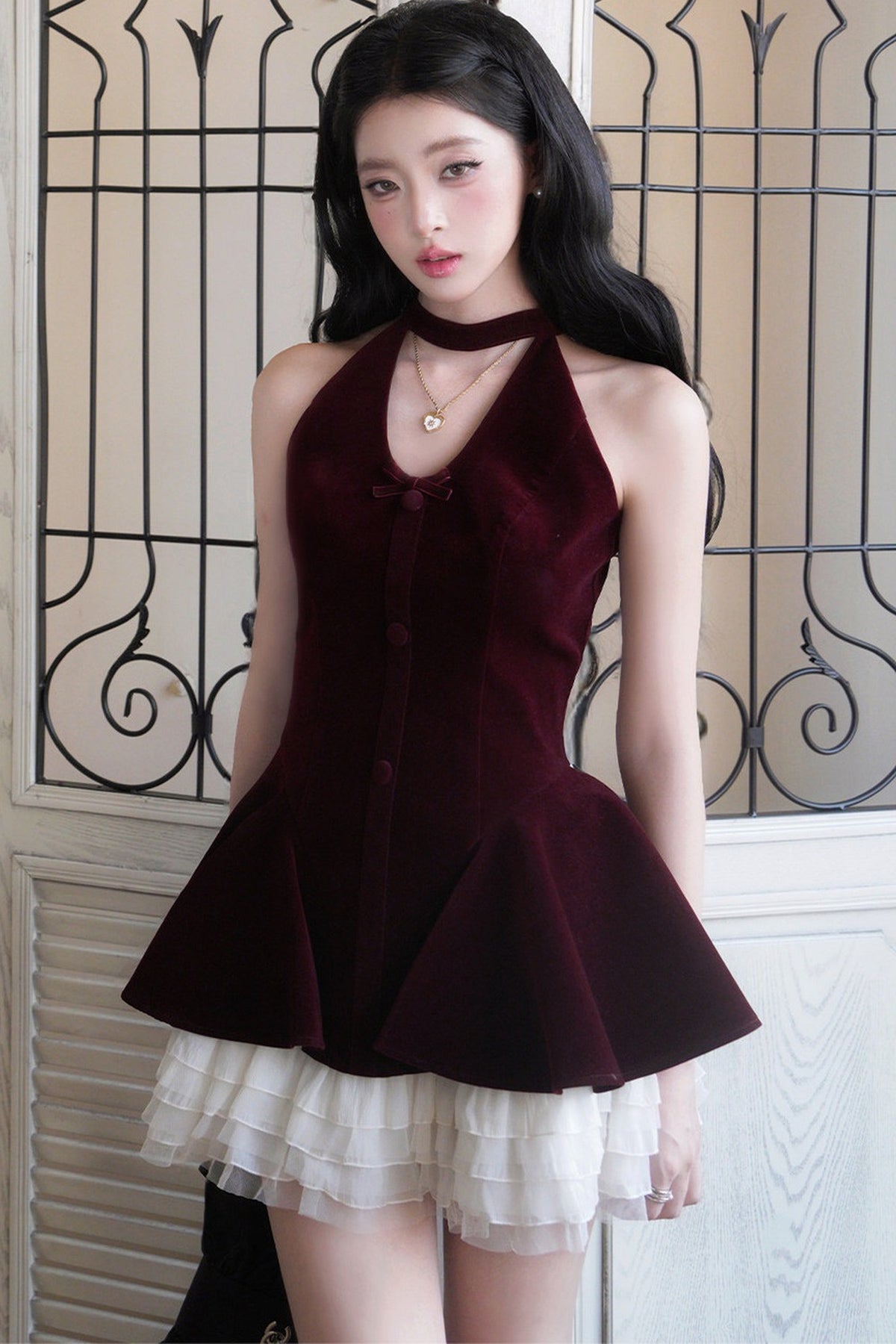 Deep Red Halter Neck Puffy Dress