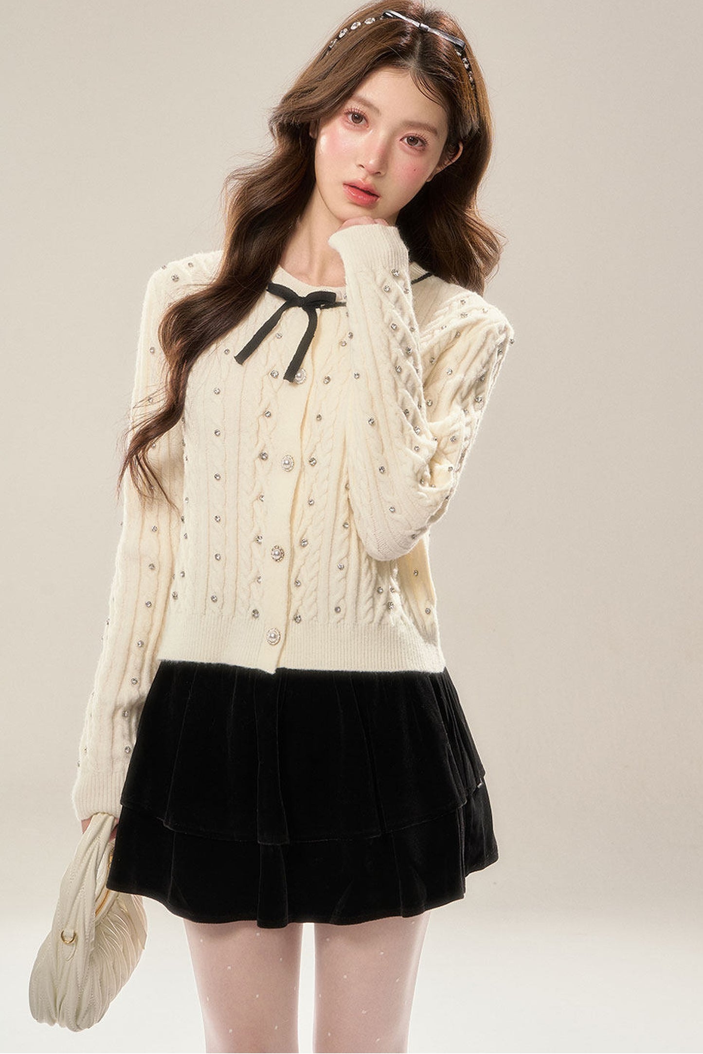 Rhinestone Bow Knit Cardigan Top and Velvet Skirt Set-Up