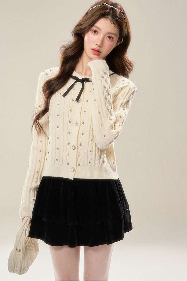Rhinestone Bow Knit Cardigan Top and Velvet Skirt Set-Up