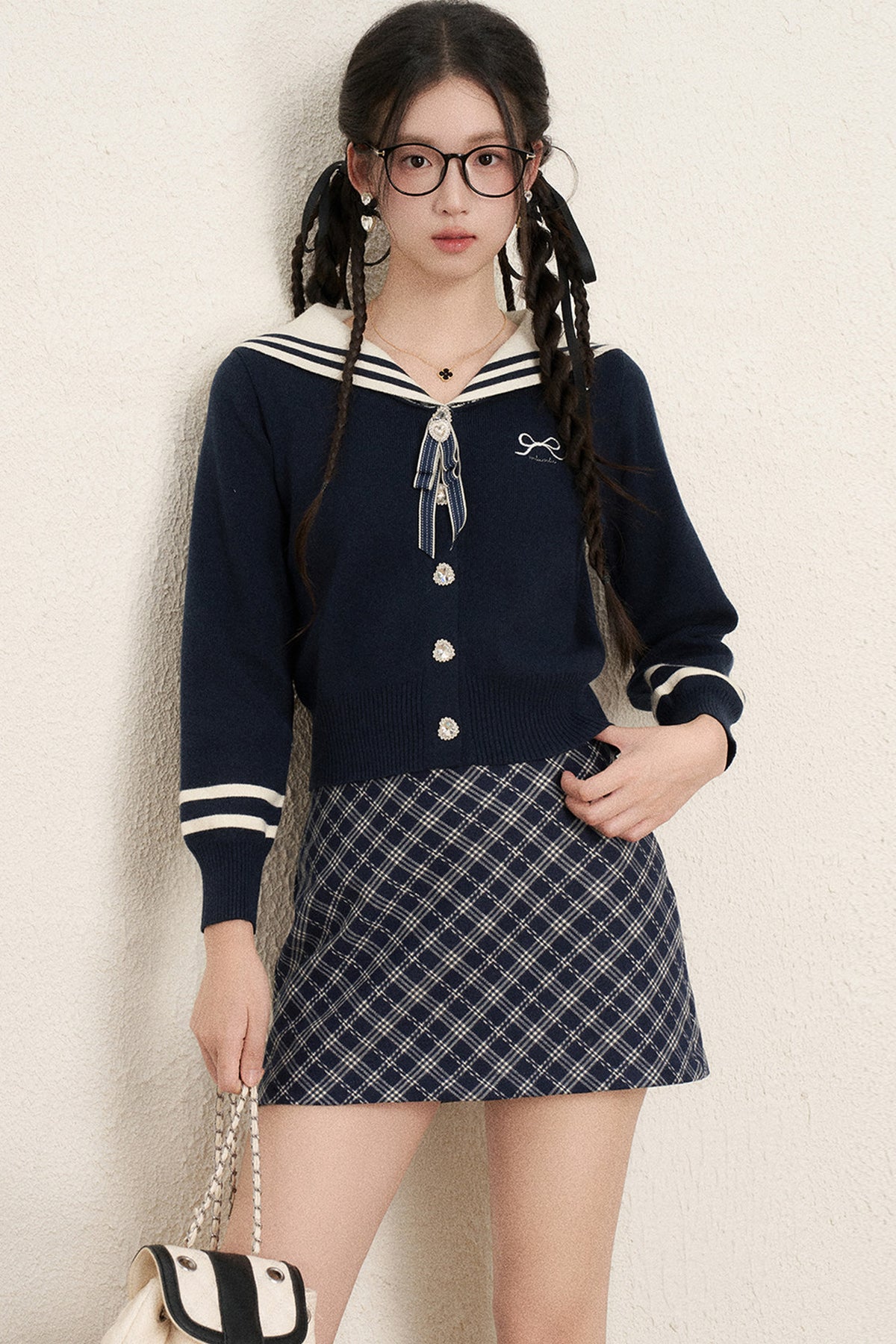 Bow Sailor Collar Knit Cardigan Set-Up