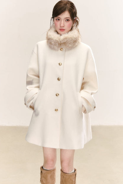 White Wool Blend Detachable Fur Collar Coat