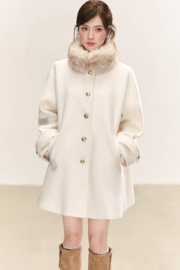 White Wool Blend Detachable Fur Collar Coat