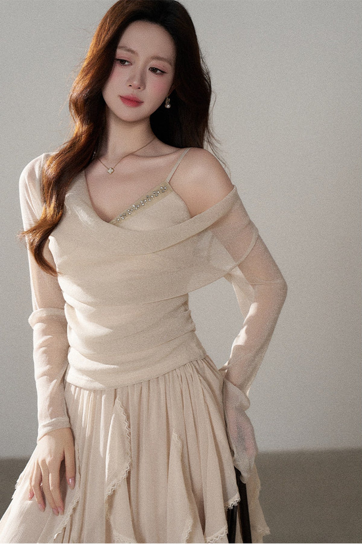 Off-Shoulder Rhinestone Knit Top and Skirt Set-Up