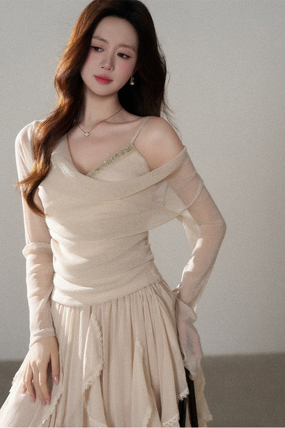 Off-Shoulder Rhinestone Knit Top and Skirt Set-Up