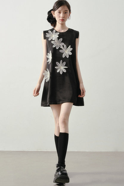 3D Floral Appliqué Satin Sleeveless Dress