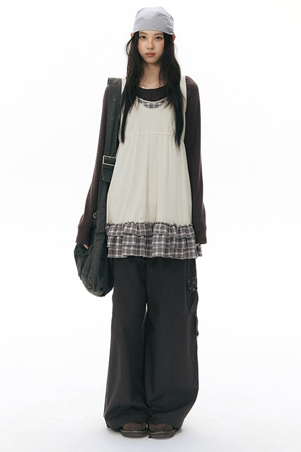 Plaid Ruffle Sleeveless Knit Vest Dress