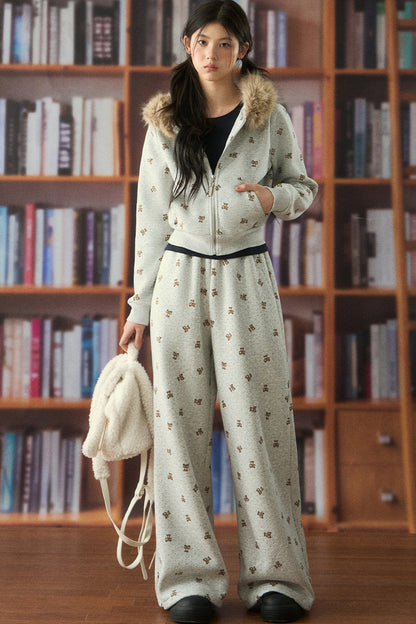 Bear Print Hooded Top and Pants Set-Up