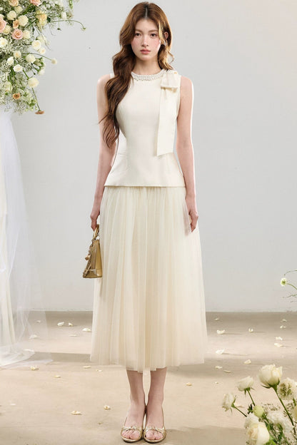 Sleeveless Waist-Cinching Tulle Skirt Dress