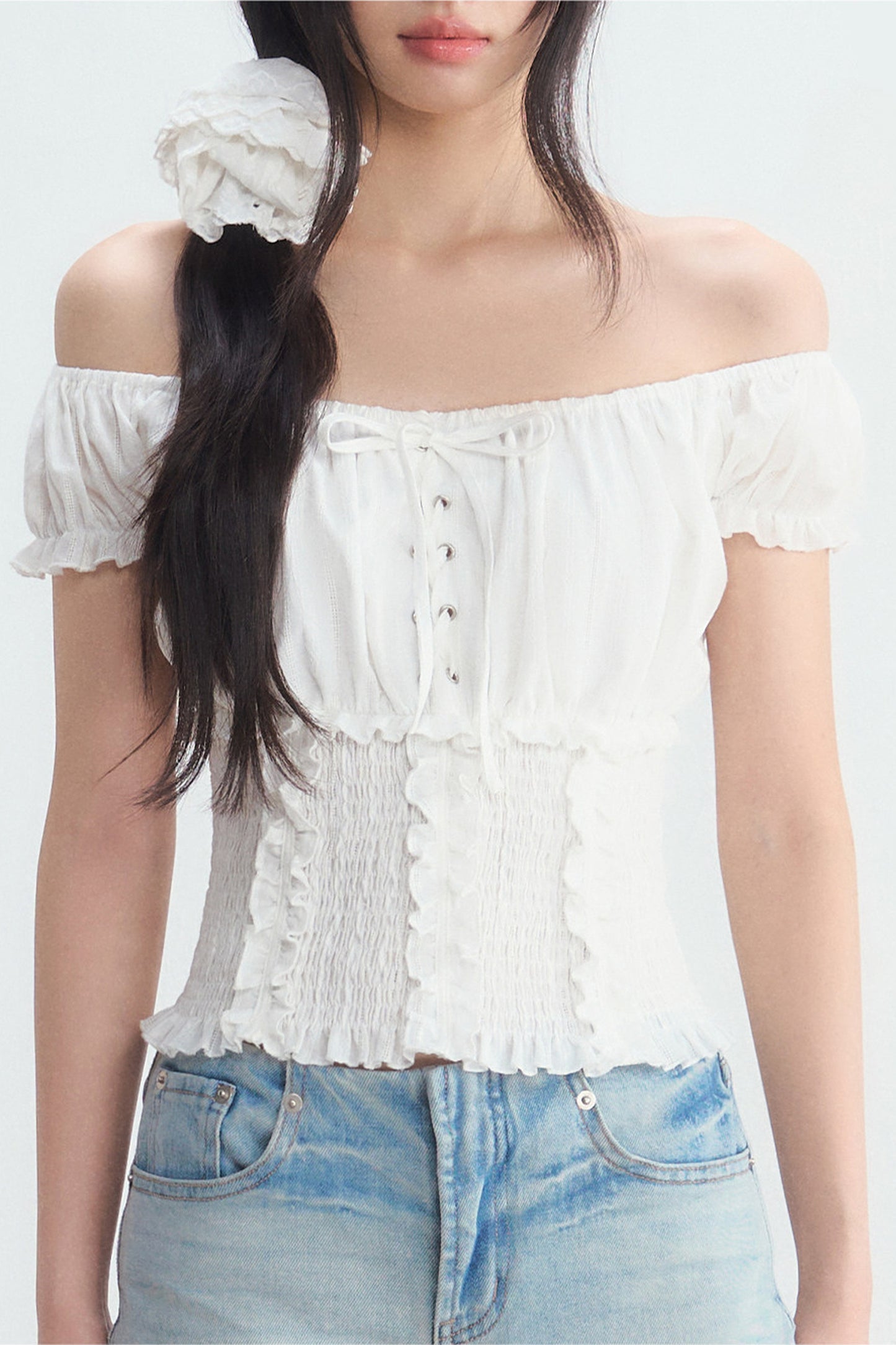Off-Shoulder Puff Sleeve Lace-Up Top