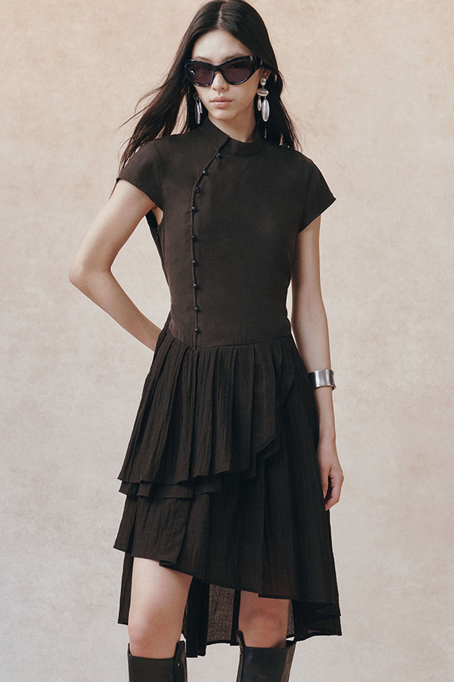 Diagonal Placket Pearl Button Irregular Hem Dress