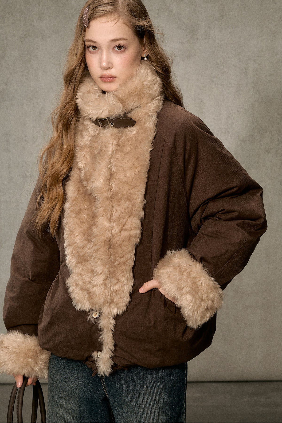 Wheat Spike Floral Plush Stand Collar Jacket