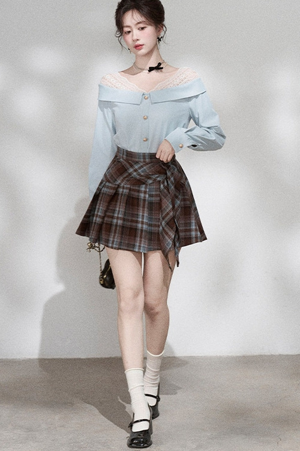 Blue Off-Shoulder Lace Blouse and Skirt Set-Up