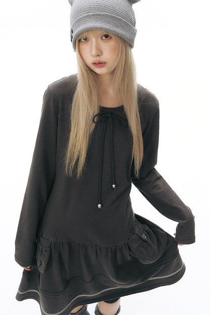 Long-Sleeved Knit Round Neck Tie Dress