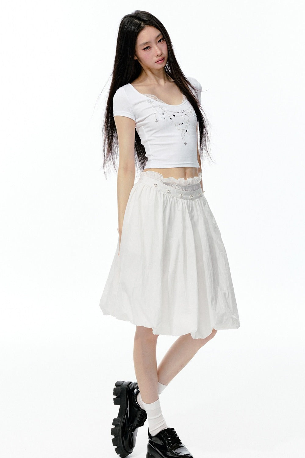 Pearl Rhinestone T-Shirt, Flower Bud Skirt and Pants Set-Up