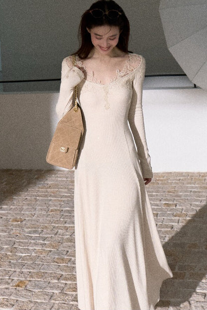 Spliced Lace Trim Long-Sleeve A-Line Dress