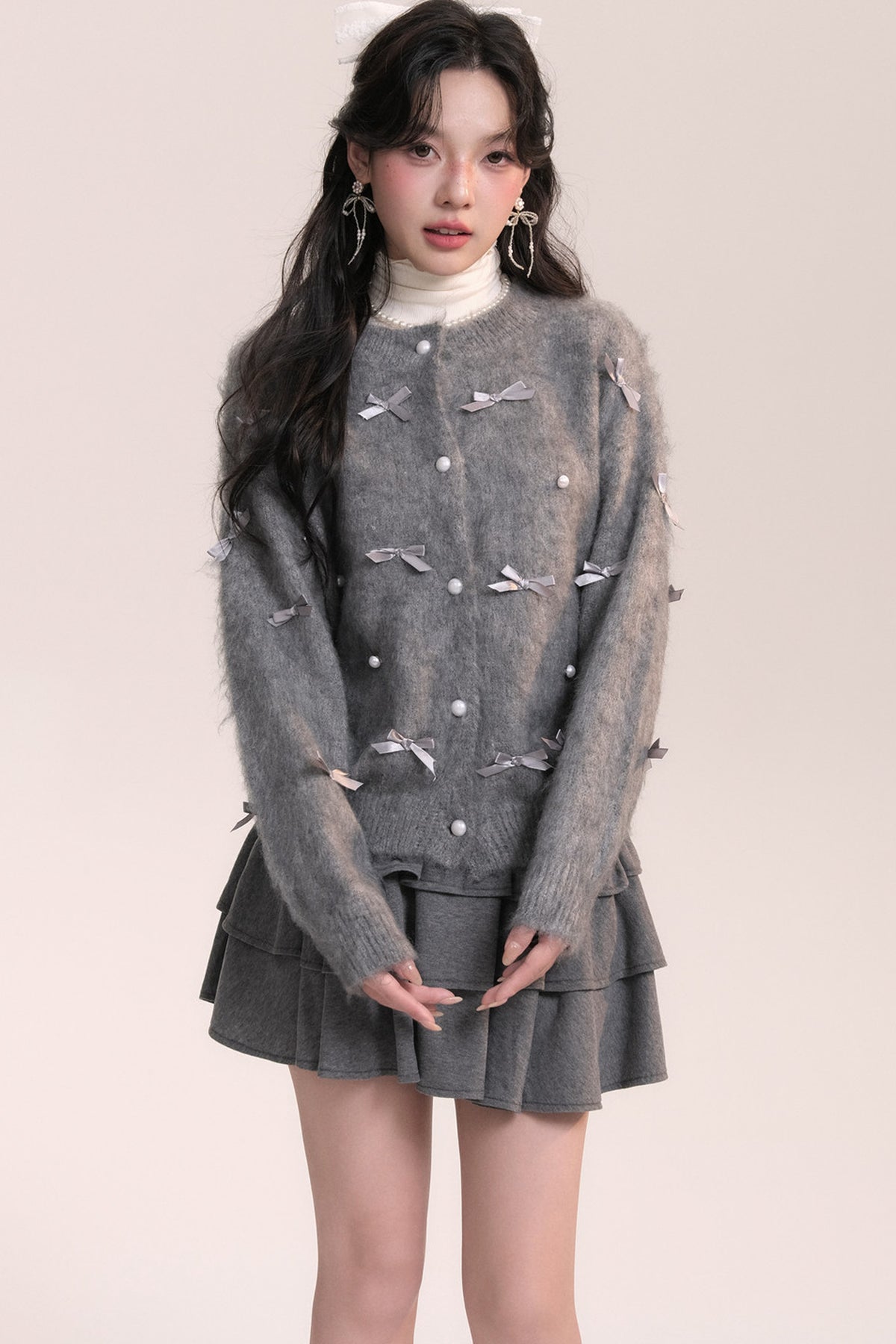 Ballet Bow Knit Cardigan With Skirt Set