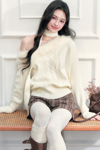 Fur Collar Off-Shoulder Cable Knit Sweater