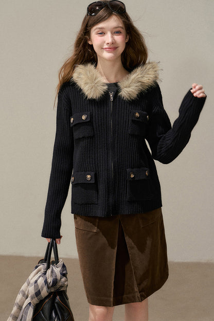 Hooded Ribbed Stripe Knit Cardigan