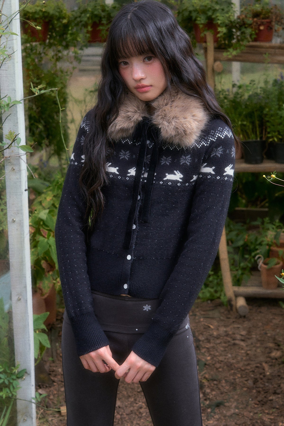 Waist-Cinching Fair Isle Rabbit Cardigan and Pants Set-Up