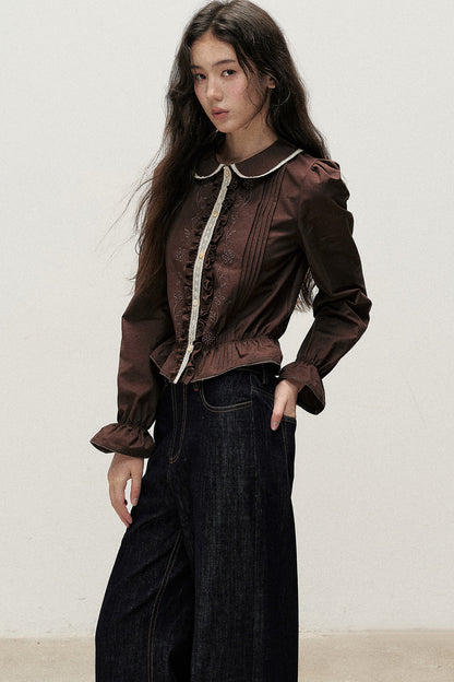 Brown Cotton Linen Doll Collar Shirt