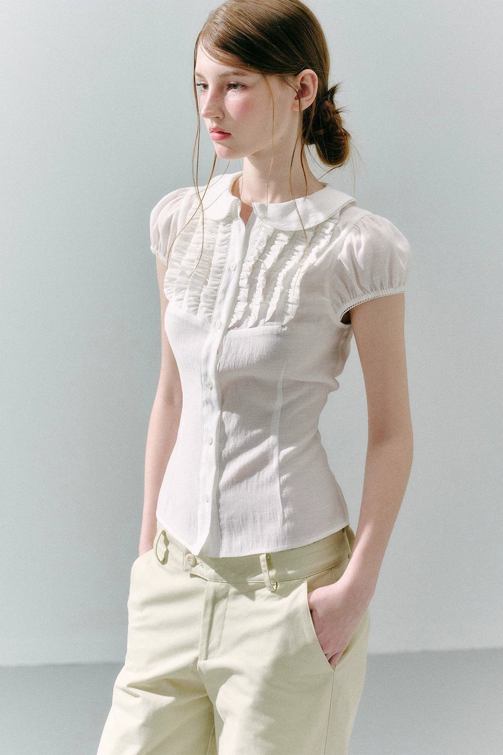 White Acetate Linen Ruffle Blouse