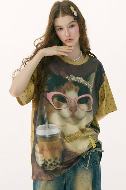 Locker sitzendes Kurzarm-T-Shirt mit Katzenprint
