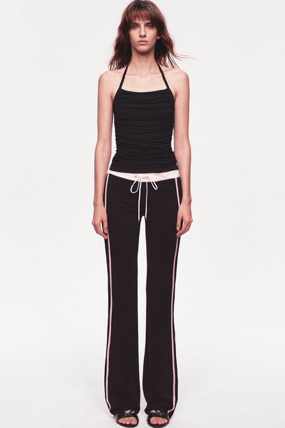 Pantaloni dritti a vita bassa con coulisse e doppia fascia in vita