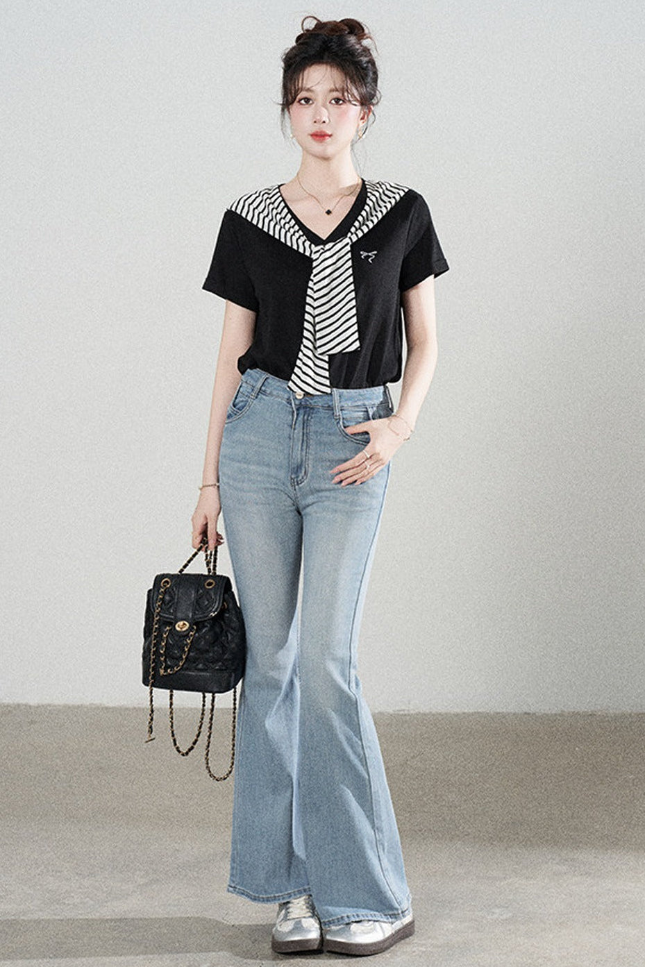 Loose Short-Sleeved Striped Shawl T-Shirt and Denim Skirt Set-Up