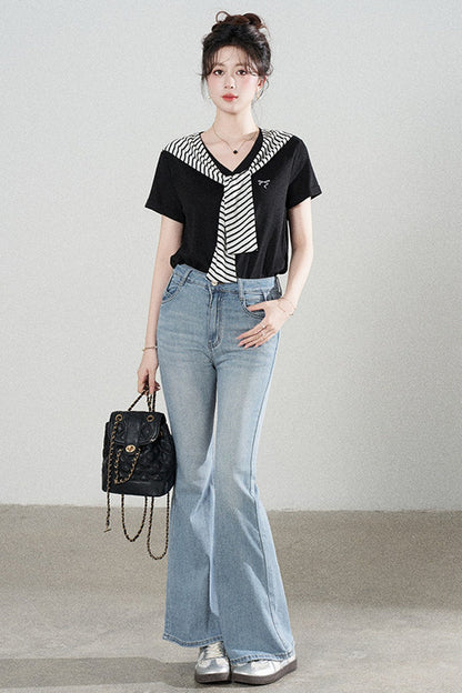 Loose Short-Sleeved Striped Shawl T-Shirt and Denim Skirt Set-Up