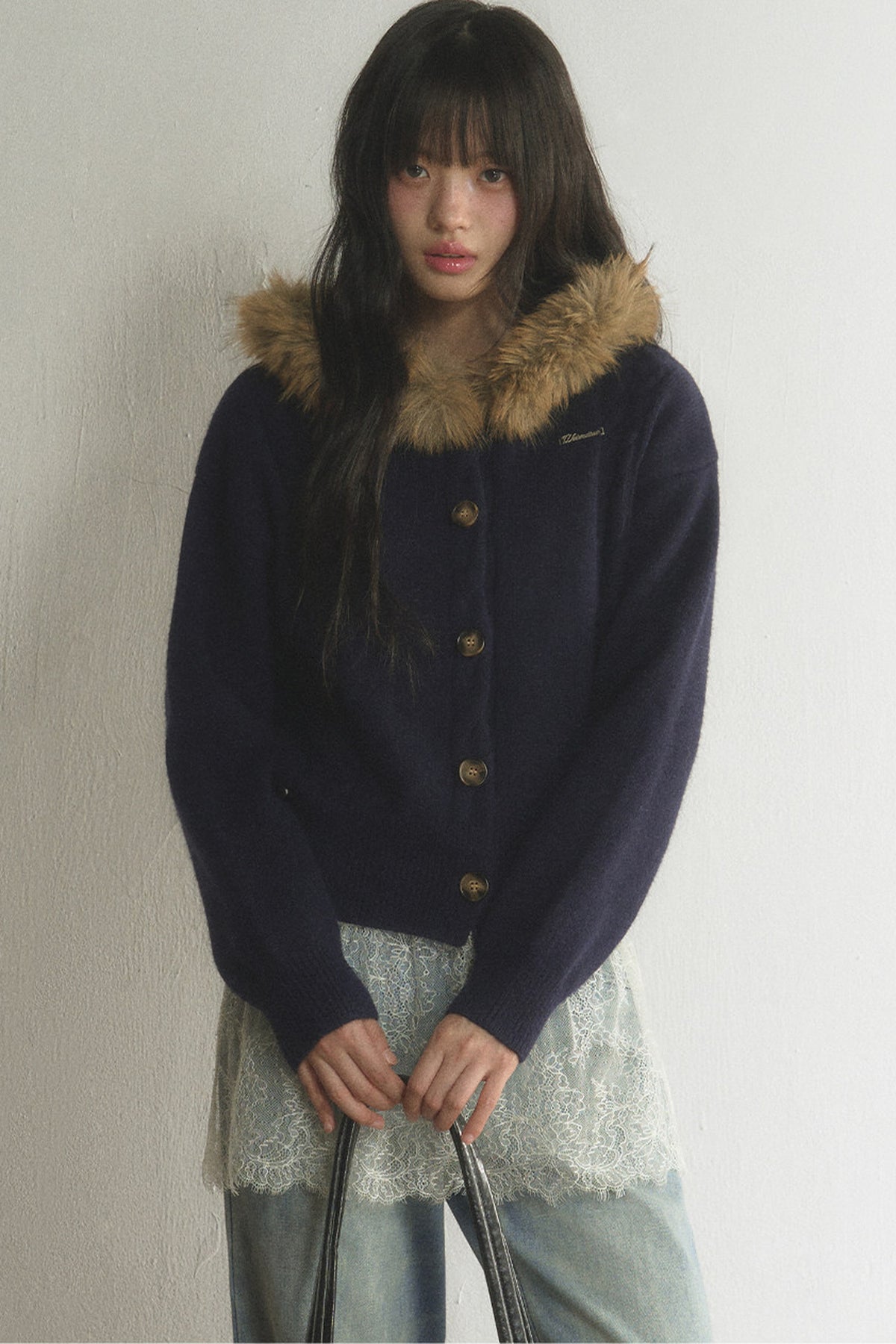 Fur Collar Hooded Cable Knit Cardigan Set-Up