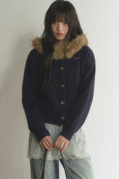 Fur Collar Hooded Cable Knit Cardigan Set-Up