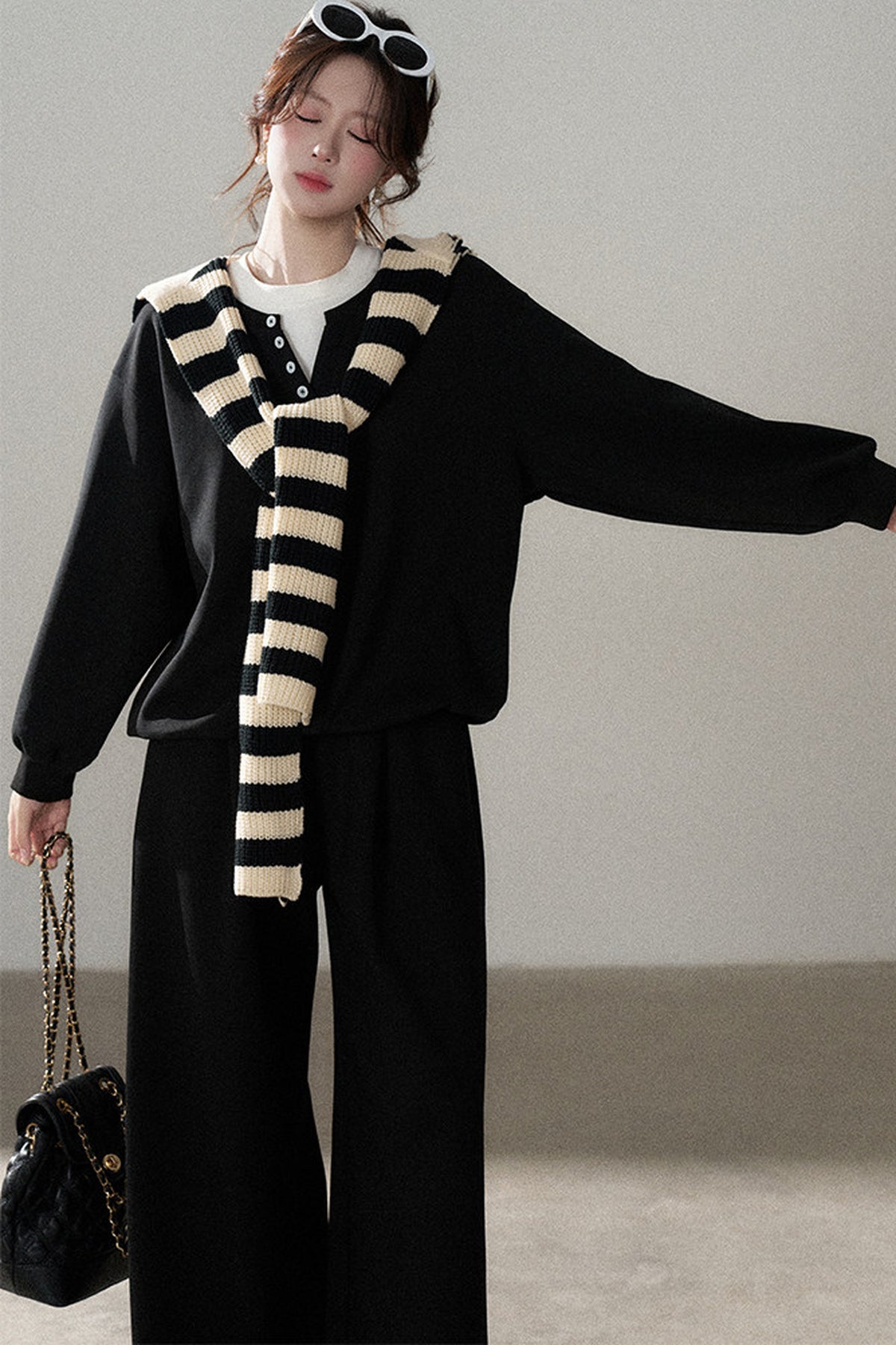 Hooded Shawl Sweatshirt and Wide-Leg Pants Set-Up