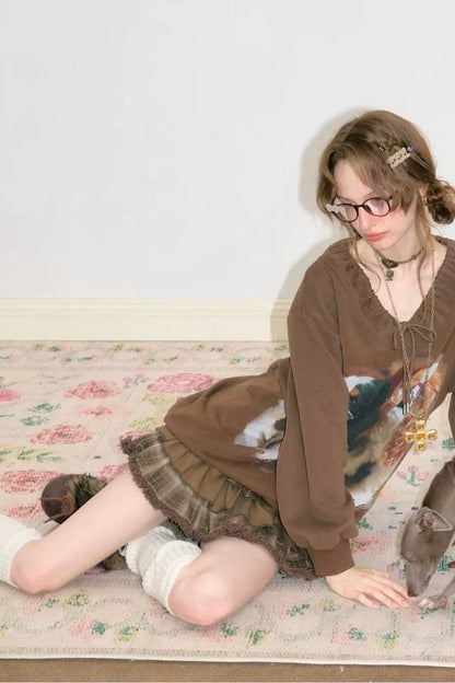 Brown Dog Print Lace V-Neck Sweatshirt