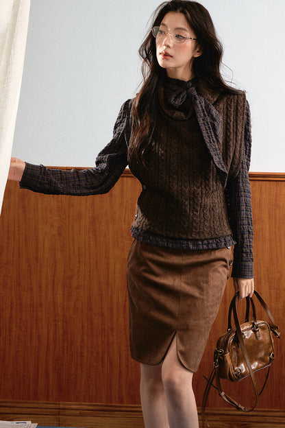 Retro Plaid Ribbon Top and Suede Skirt Set-Up