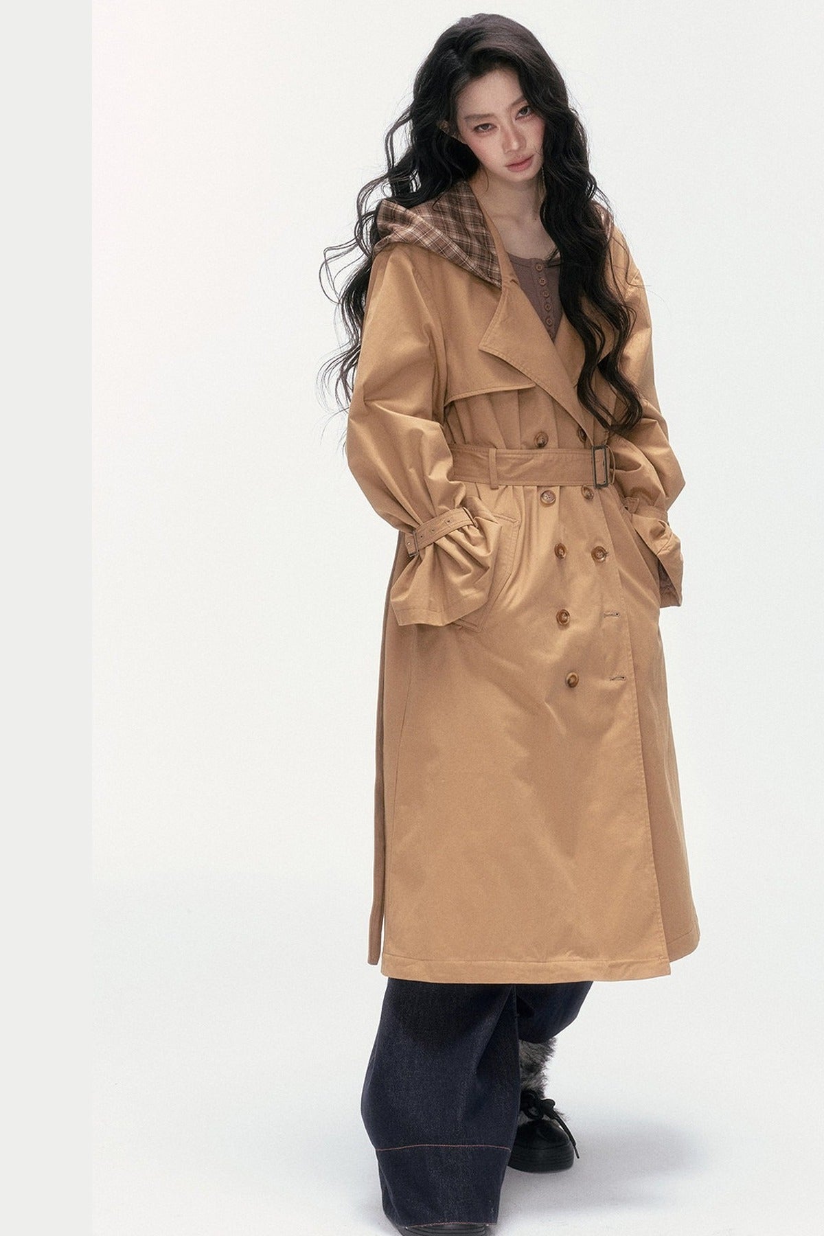 Plaid Patchwork Double-Breasted Hooded Padded Trench Coat
