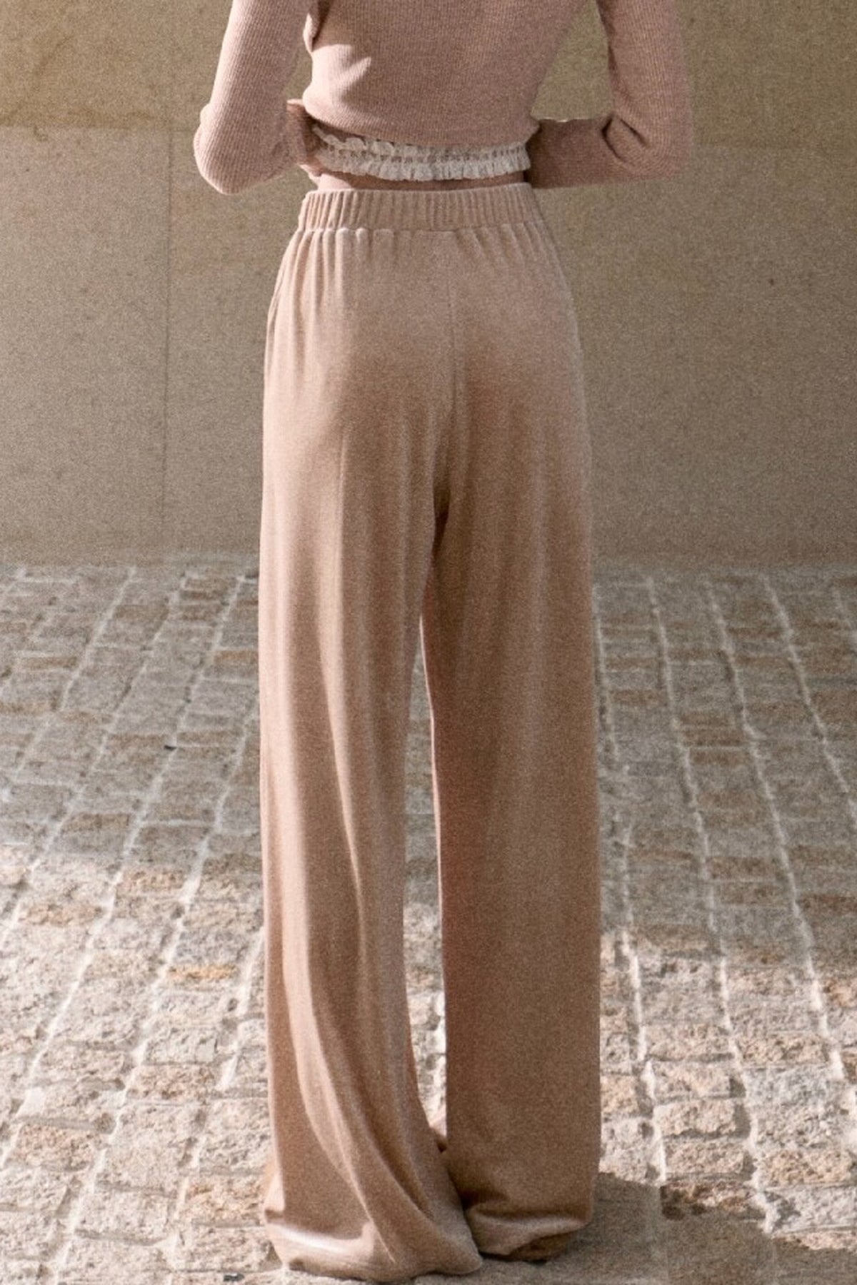 Lace Knit Long-Sleeve Top and Drape Velvet Straight-Leg Pants Set-Up