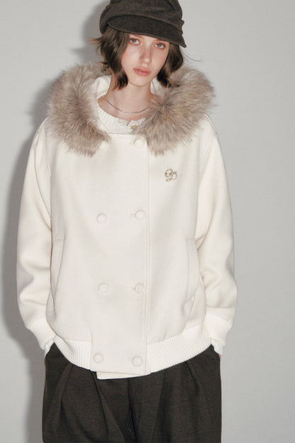 White Wool Hooded Large Fur Collar Jacket