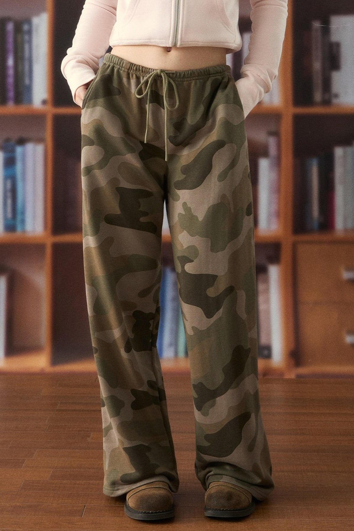 High-Waist Drawstring Camo Wide-Leg Pants