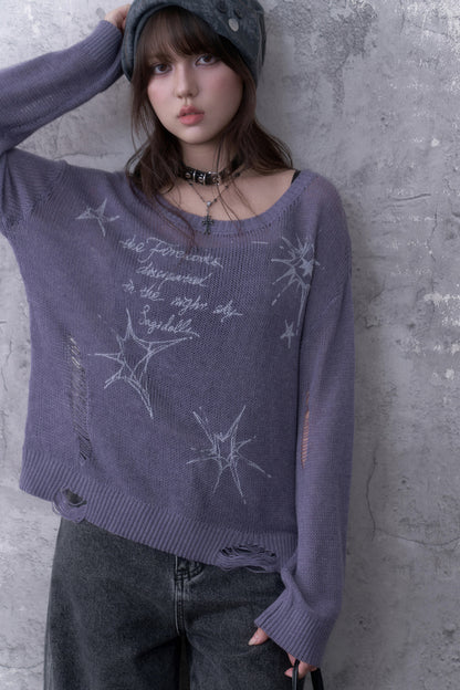 Purple Ripped Knit Print Sweater