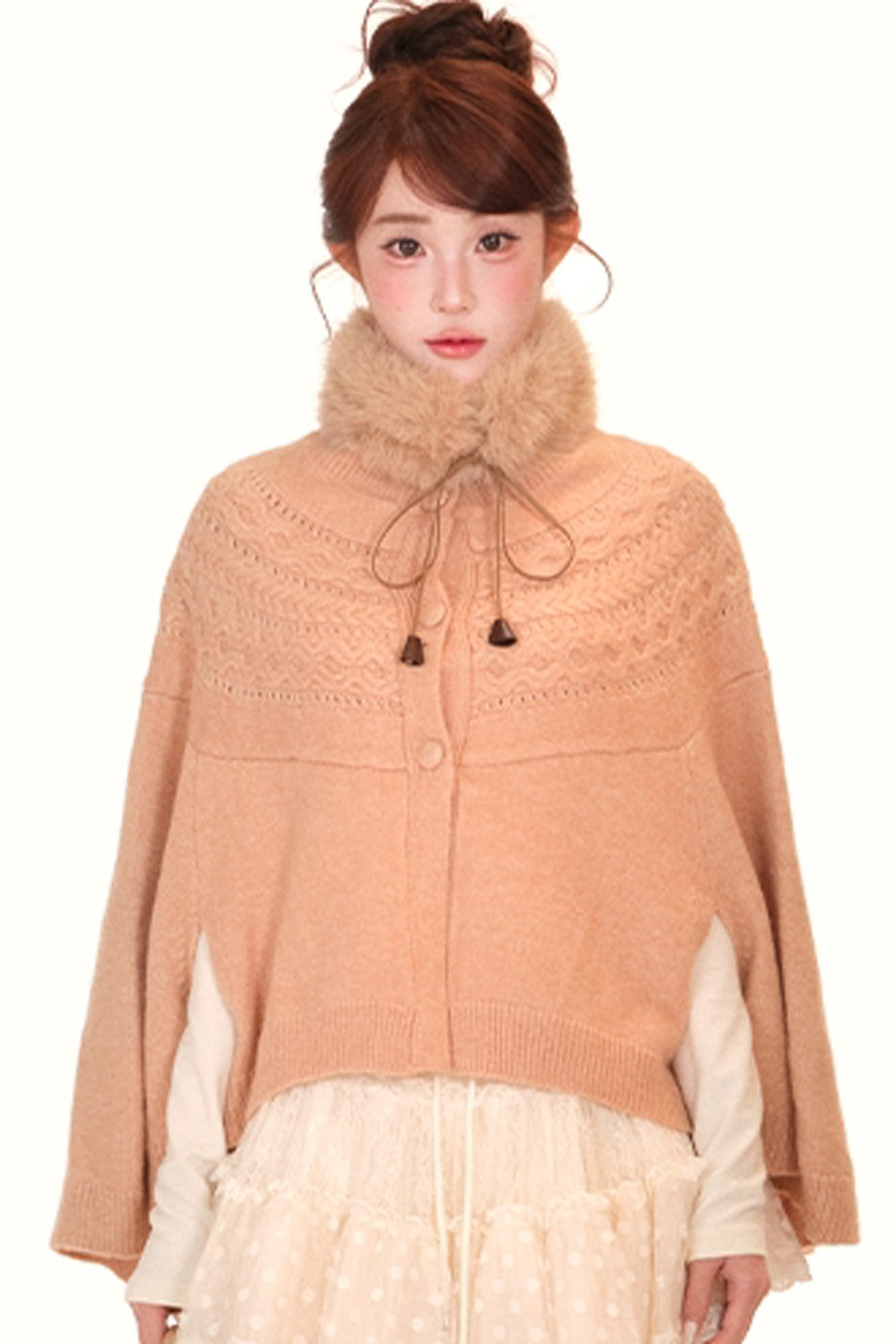 Camel Twisted Wool Knit Cape and Furry Scarf Set