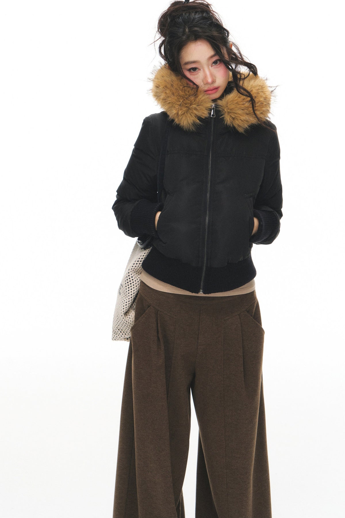 Lightweight Hooded Fur Collar Down Jacket and Pants Set-Up