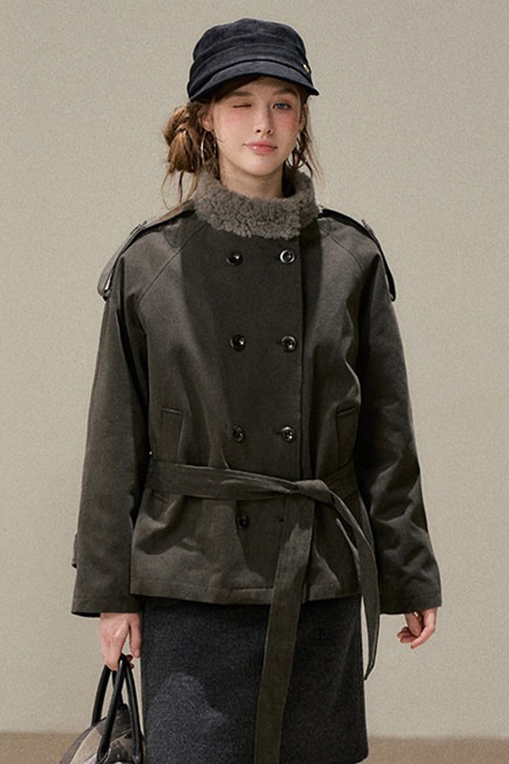 Gray Green Fur Collar Quilted Jacket