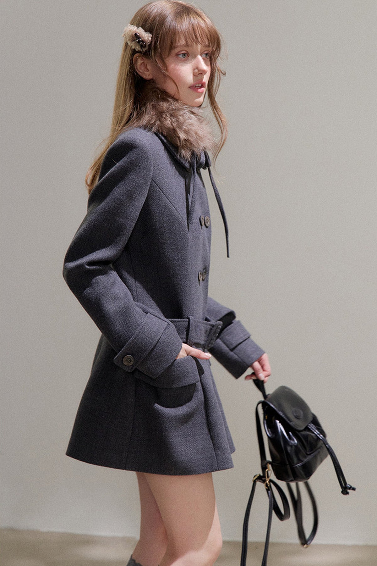 Double-Breasted Fur Collar Wool Coat