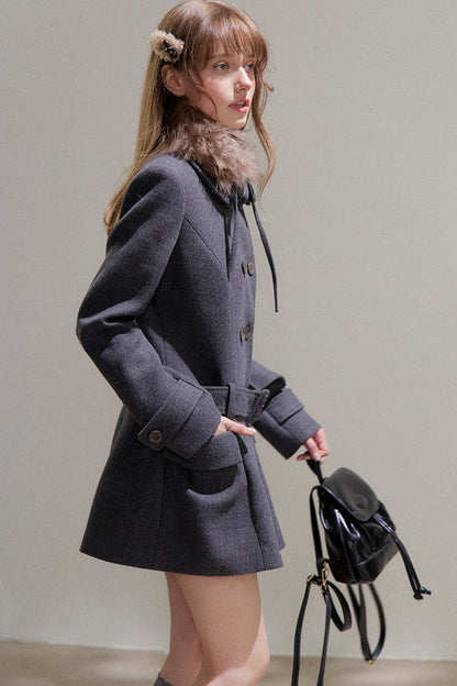 Double-Breasted Fur Collar Wool Coat