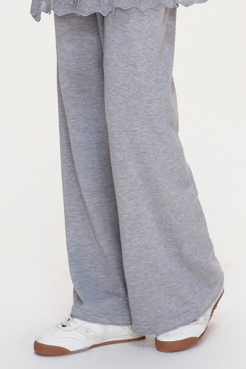 Wool Blend Off-Shoulder Lace Bow Knit Sweater and Pants Set-Up
