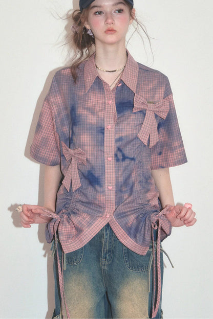 Pink Plaid Bow Drawstring Blouse