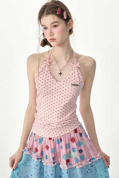 Rosa gepunktetes Neckholder-Tanktop